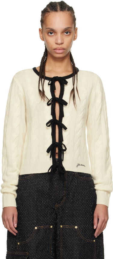 Sveter GANNI Ganni Cashmere Blend Tie Front Cardigan Béžová | K2412, 0