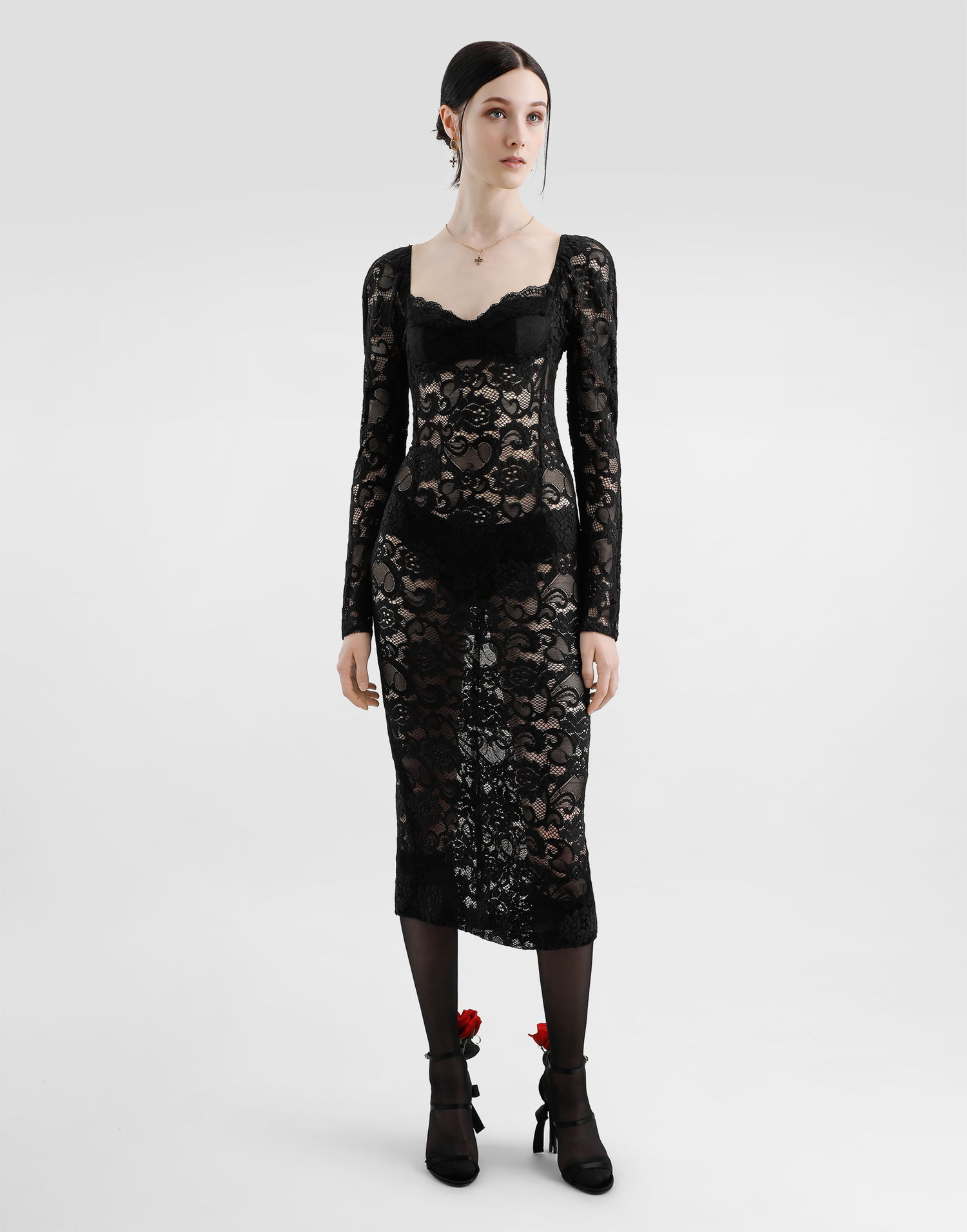 Šaty Dolce & Gabbana Dolce & Gabbana Floral Lace Calf-Length Dress with Bra Cups Čierna | F6JMRTFLUBVN0000, 1