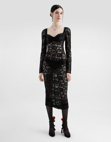 Šaty Dolce & Gabbana Dolce & Gabbana Floral Lace Calf-Length Dress with Bra Cups Čierna | F6JMRTFLUBVN0000, 1