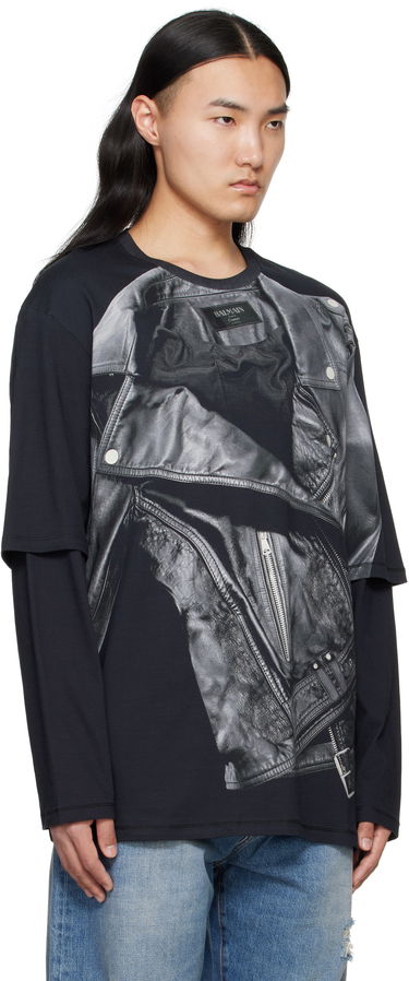 Tričko Balmain Balmain Long Sleeve Biker Jacket Graphic T-Shirt Čierna | EH1EM016GE40, 1