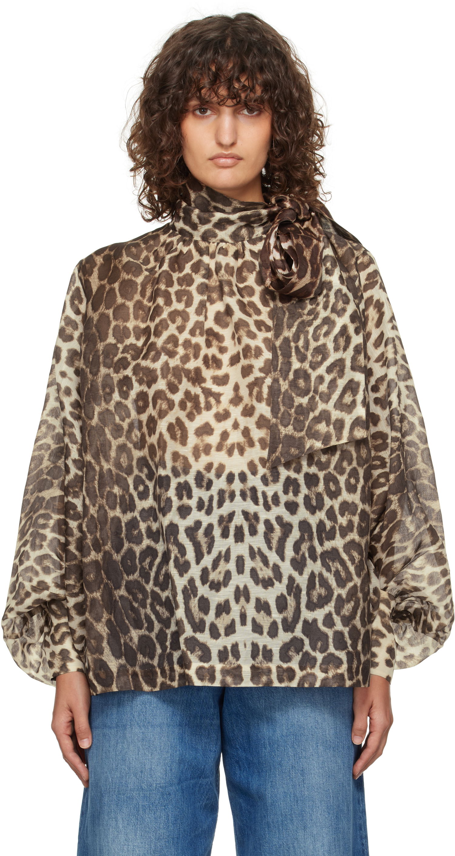 Košeľa ZIMMERMANN Zimmermann Illustration Billow Leopard-Print Silk Blouse Hnedá | 1395TF241, 0