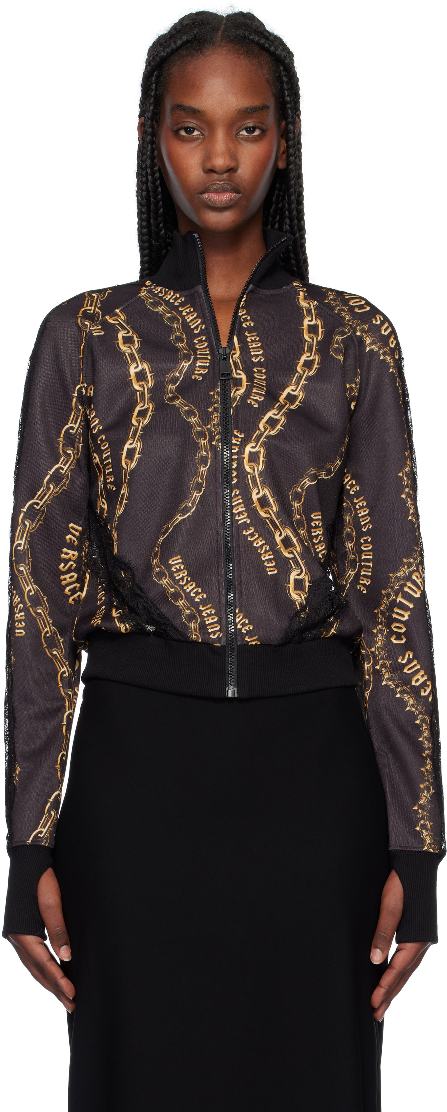 Bomber bunda Versace Black & Gold Chain Couture Lace Zip Sweatshirt Čierna | E77HAI301_EFS156, 0