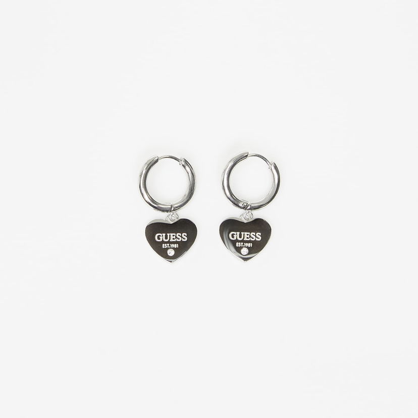 Náušnice GUESS Huggie Earrings with Heart Charm EST.1981 and Crystal Metalická | JUBE03145JWRH-SILVER