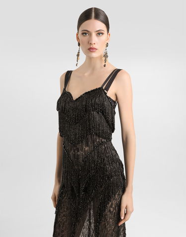 Šaty Dolce & Gabbana Dolce & Gabbana Long Marquisette Dress with Sequined Fringe Čierna | F6TPAZGDC1EN0000, 3