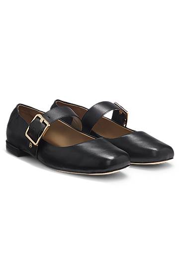 Doplnky BOSS Leather Ballerina Pumps with Buckled Strap Čierna | 50548547