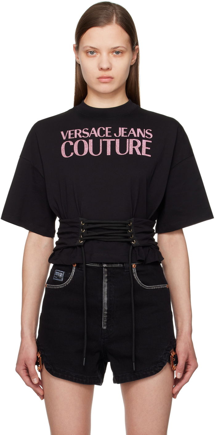 Tričko Versace Couture Black Lace-Up T-Shirt Čierna | E76HAHG04_ECJ00G