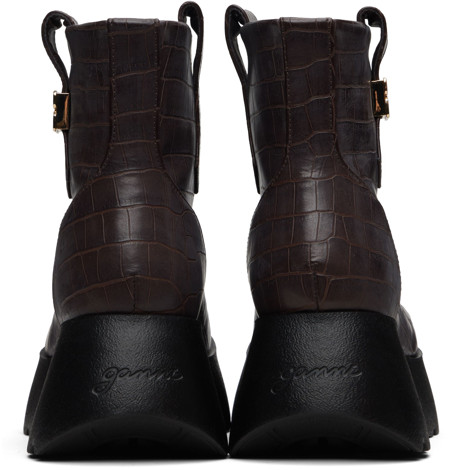 Tenisky a topánky GANNI Kat Crocodile-Embossed Platform Low Boots with Buckle Hnedá | S3235, 1