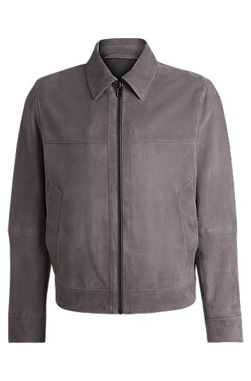 Bunda BOSS Regular-Fit Suede Zip-Front Jacket Šedá | 50528014, 0