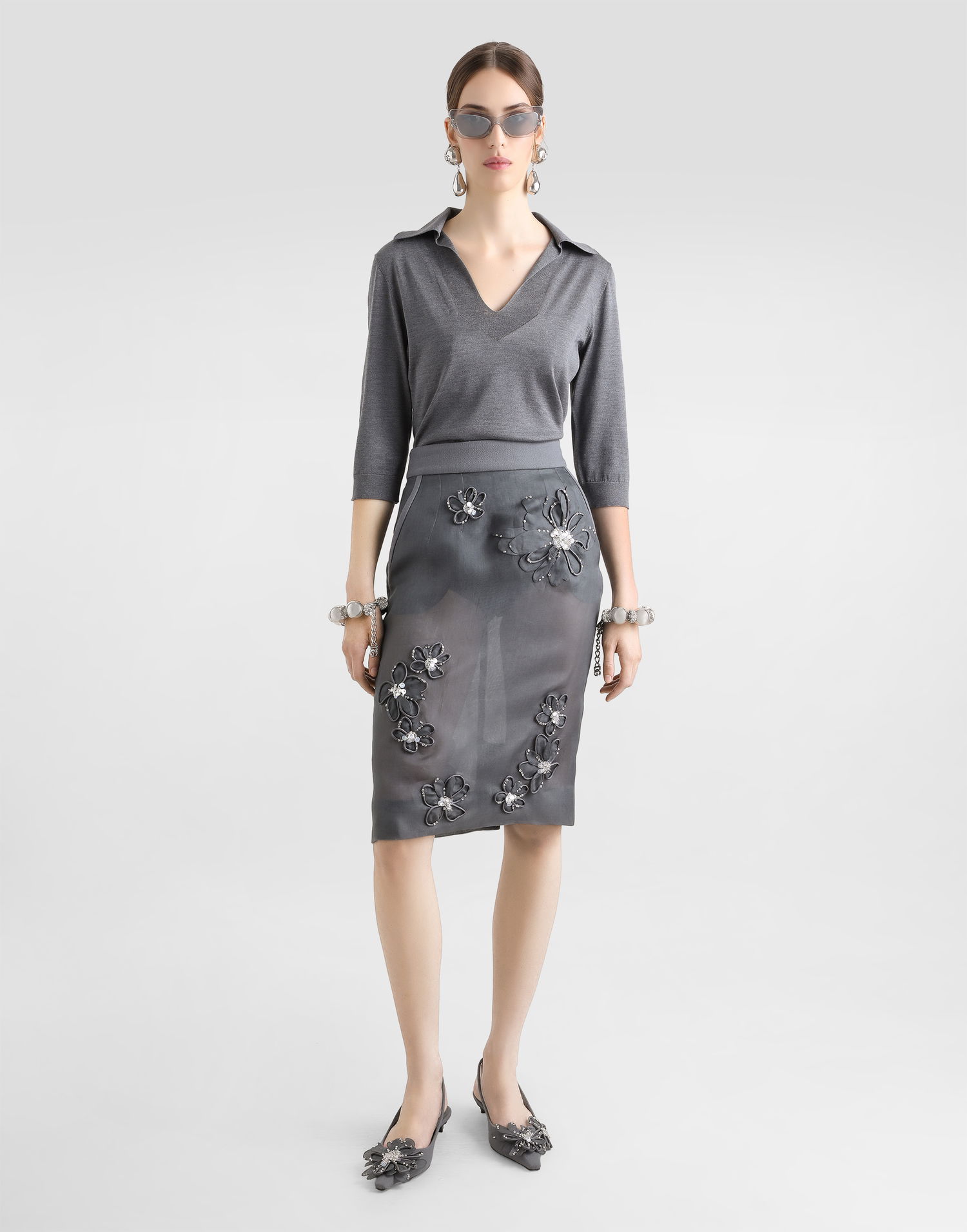 Sukňa Dolce & Gabbana Dolce & Gabbana Organza Midi Skirt with Floral Embroidery Šedá | F4C1BZGDCTCS8400, 1