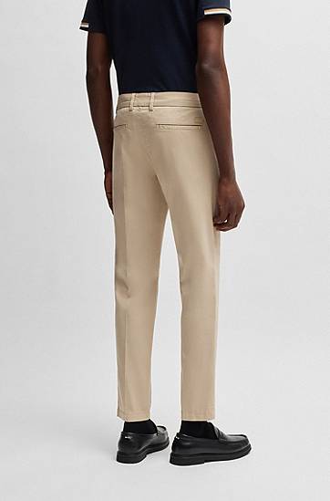 Nohavice BOSS Slim-Fit Cotton-Blend Satin Trousers Béžová | 50540650, 1