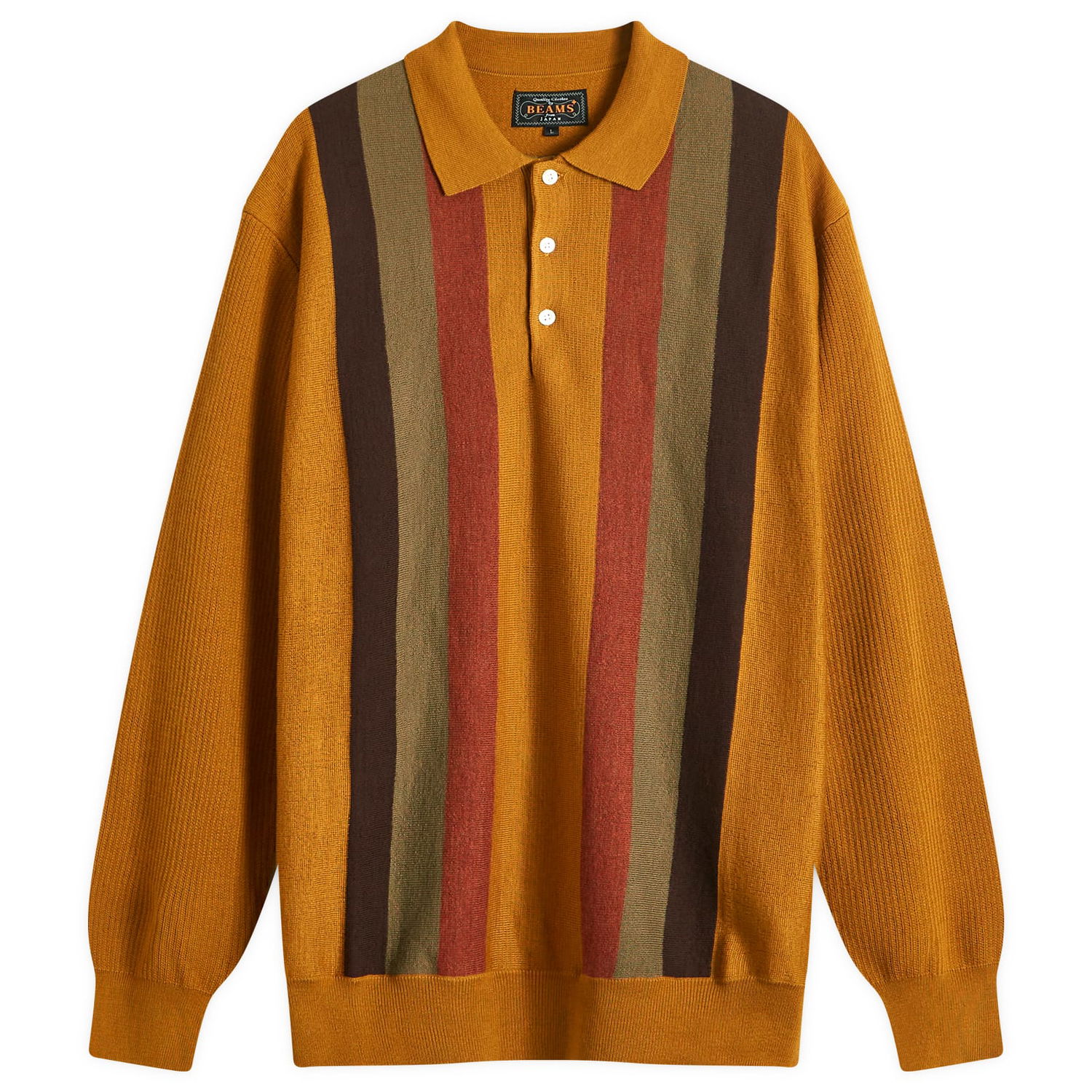 Sveter BEAMS Beams Plus Long Sleeve Stripe Knit Polo Žltá | 3812-0027-156-58, 1