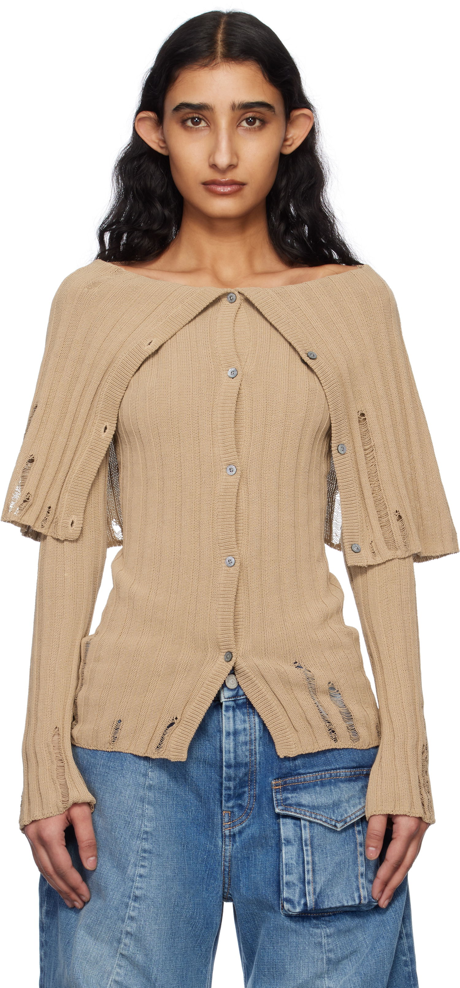 Sveter Acne Studios Acne Studios Rib-Knit Distressed Cardigan Hnedá | A60567-, 0