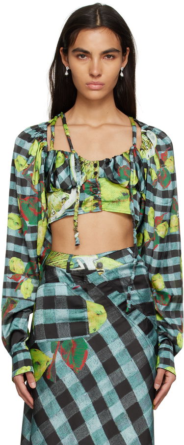 Crop Top Ottolinger Ottolinger Lemon Gingham Tie-Front Crop Top Zelené | 1101204, 0