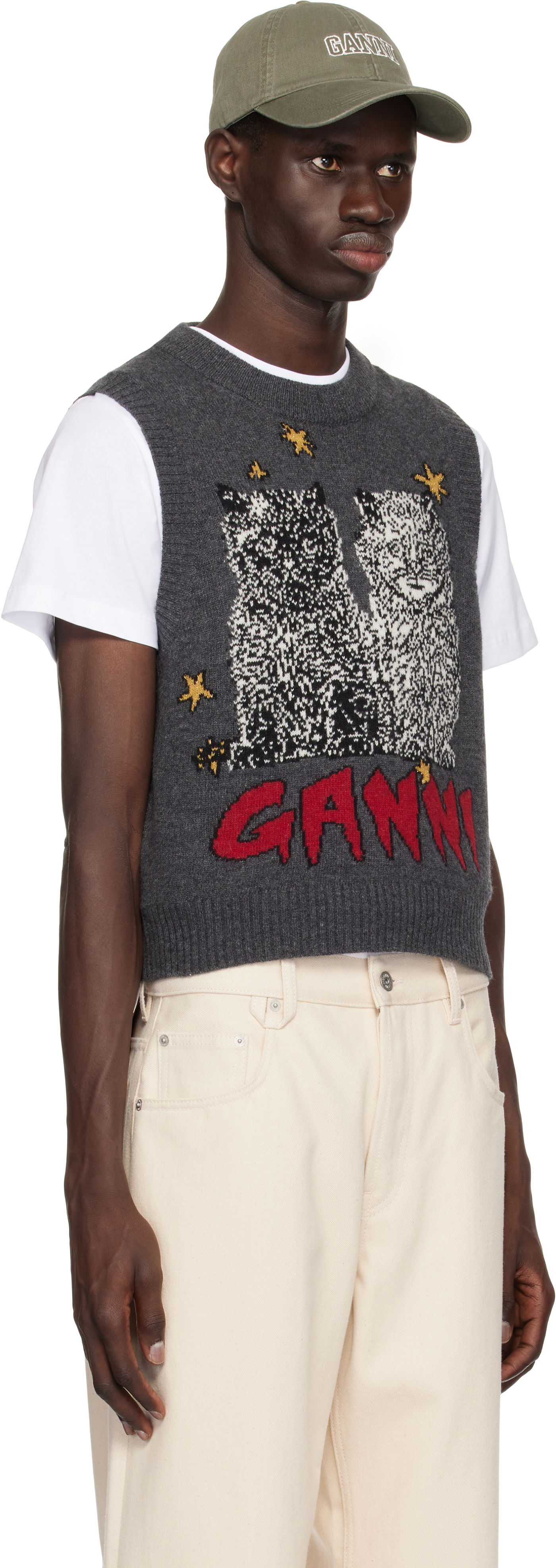 Sveter GANNI GANNI Graphic Cats Knit Vest Šedá | K2375, 1