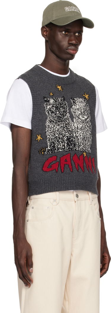 Sveter GANNI GANNI Graphic Cats Knit Vest Šedá | K2375, 1