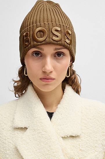 Kulicha BOSS BOSS Virgin-Wool Beanie with Embroidered Logo Hnedá | 50497815, 1
