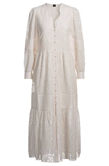 Šaty BOSS Cotton Broderie Pleated Dress Biela | 50538358, 0