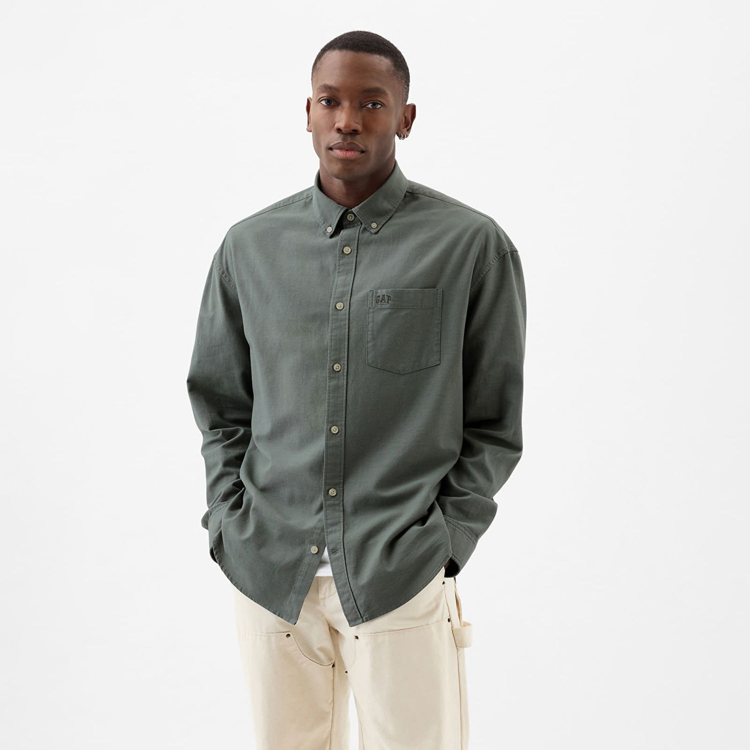 Košeľa GAP Longsleeve Standard-Fit Oxford Logo Shirt Laurel Wreath Green 17-6 Šedá | 887258-03, 0