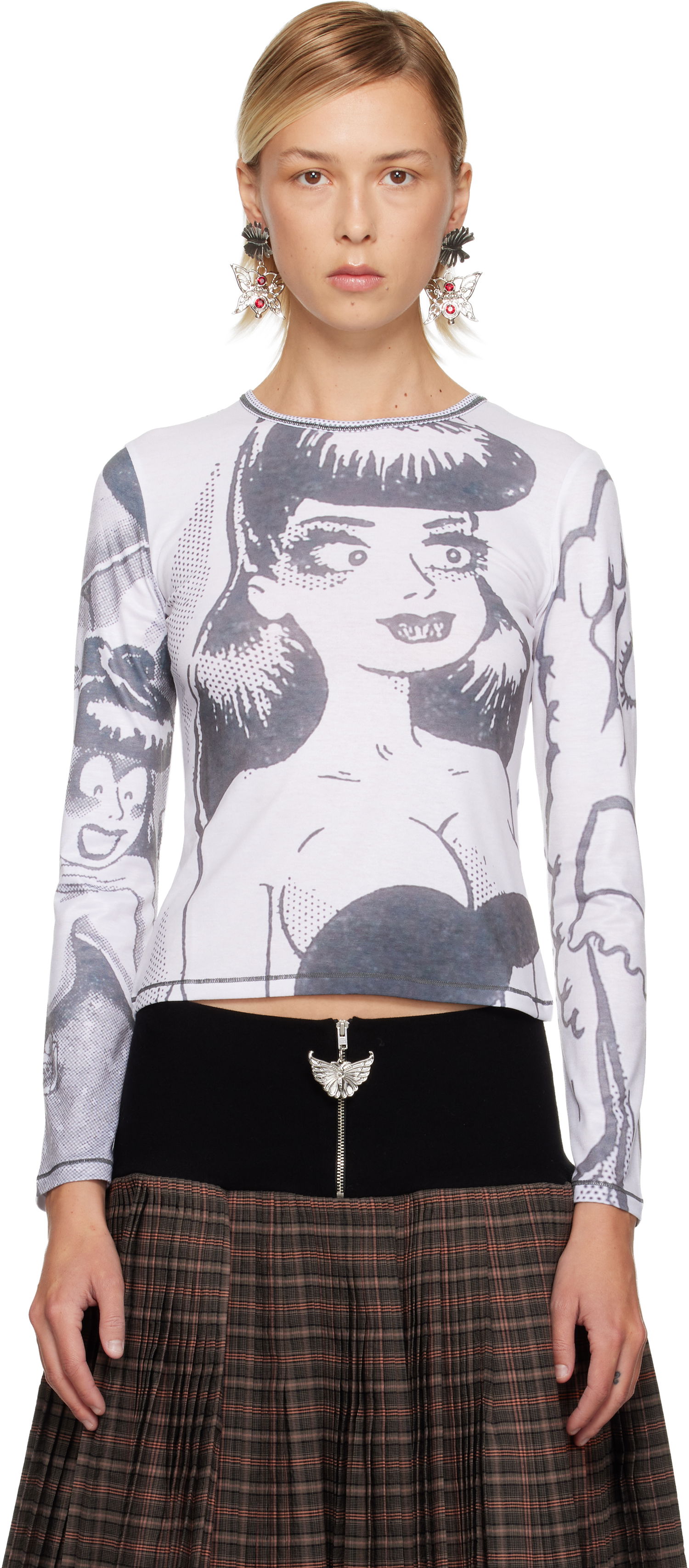 Tričko Chopova Lowena Chopova Lowena Newsprint Fitted Long-Sleeve Jersey T-shirt Biela | 2408, 0