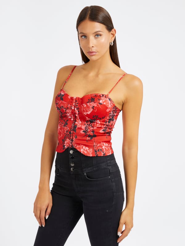 Tielko GUESS Floral Print Bustier Top Červená | W4RH17WD1R2, 0
