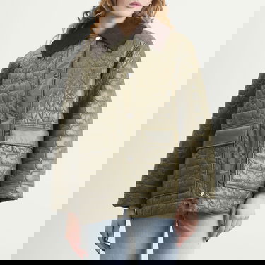 Bunda GANNI Shiny Quilted Jacket with Corduroy Collar and Front Pockets Zelené | A1010078-861, 2