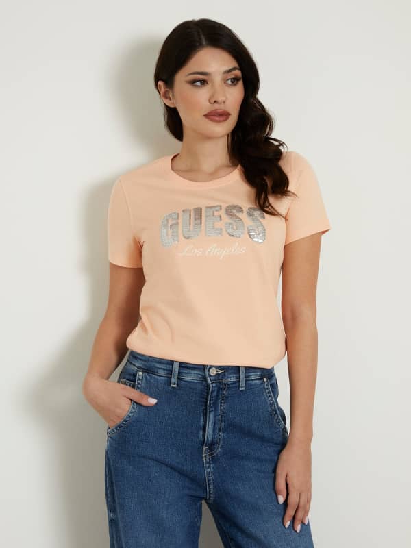 Tričko GUESS Rhinestones Front Logo T-Shirt Béžová | W4GI31I3Z14, 0