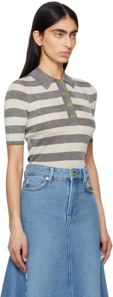 Sveter GANNI GANNI Sparkle Rib Knit Striped Polo Šedá | K2482, 1