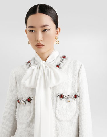 Bunda Dolce & Gabbana Dolce & Gabbana Single-breasted Tweed Jacket With Jewel Embroidery Biela | F29TPZGDCAWW3789, 3