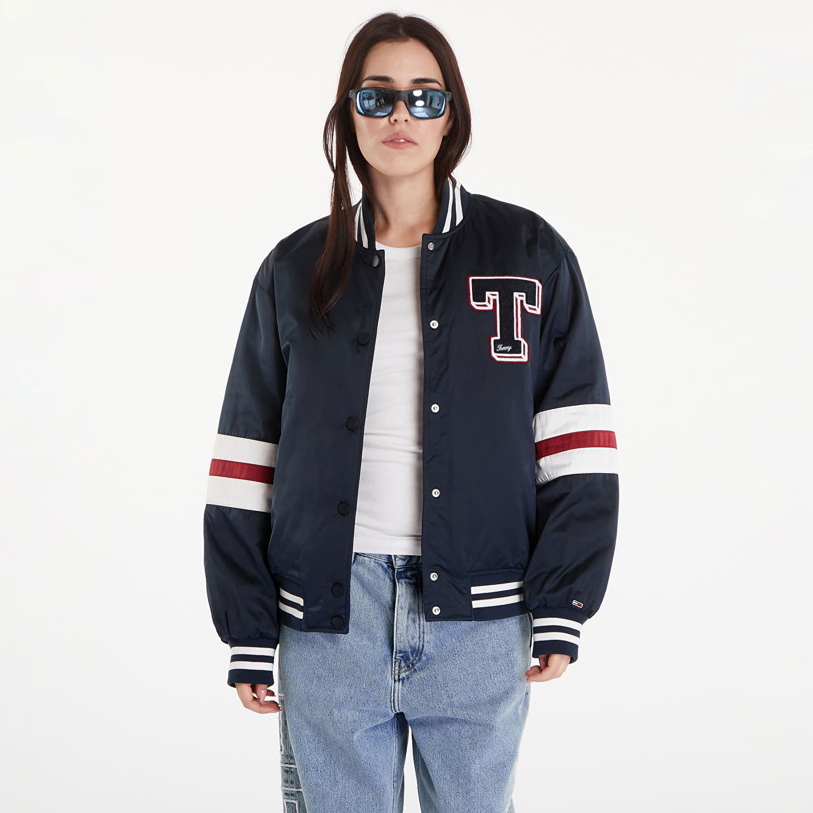 Satin Letterman Bomber Jacket Dark Night Navy