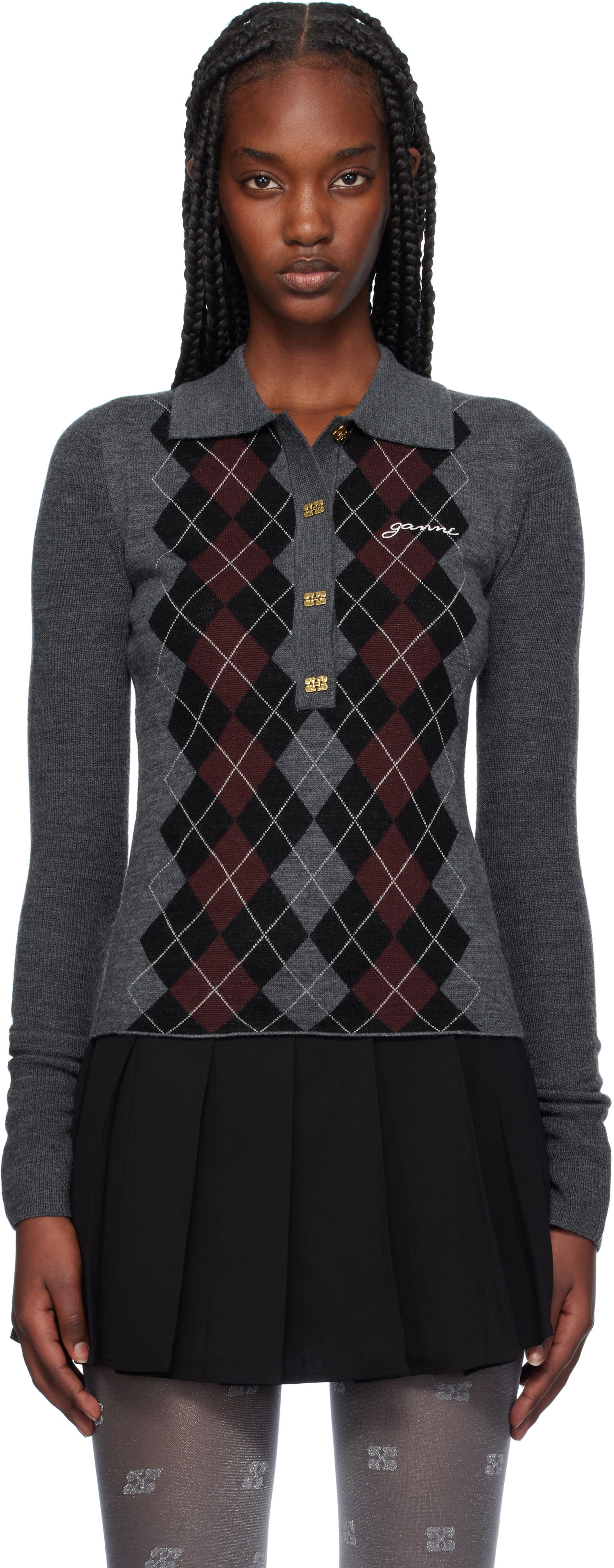 Polo tričko GANNI Knitted Argyle Polo Top Šedá | K2314, 0