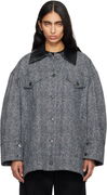 Speckled Herringbone Leather-Collar Utility Jacket