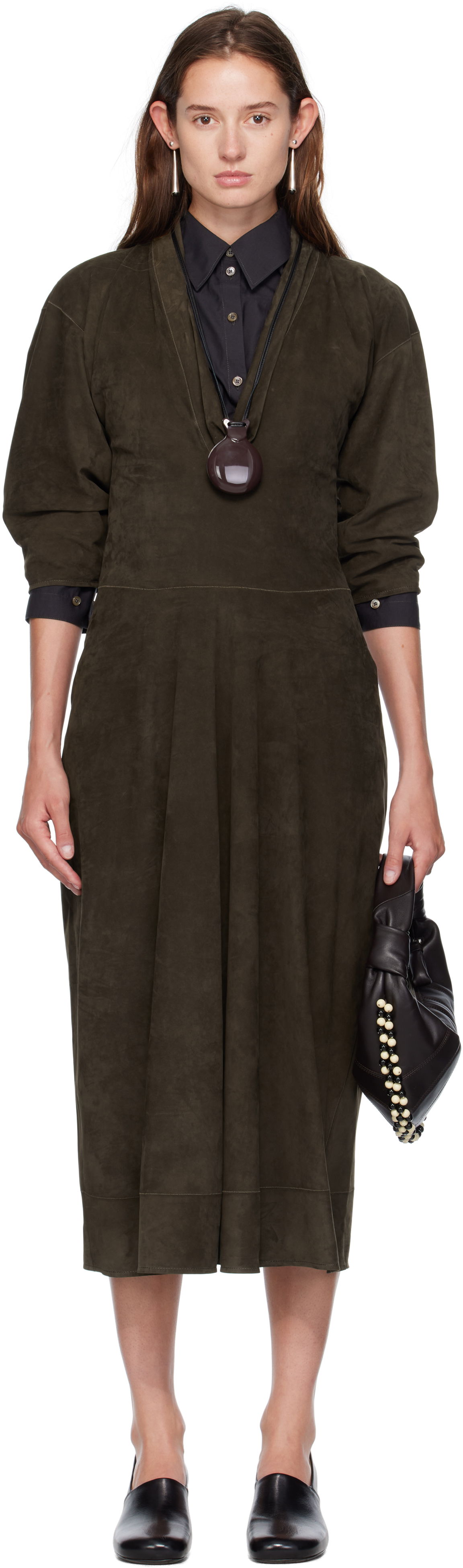 Šaty LEMAIRE Lemaire V-Neck Nubuck Midi Dress Zelené | DR1122 LL0148, 0