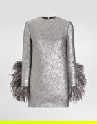 Quilted Jacquard Minidress With Feathered Cuffs