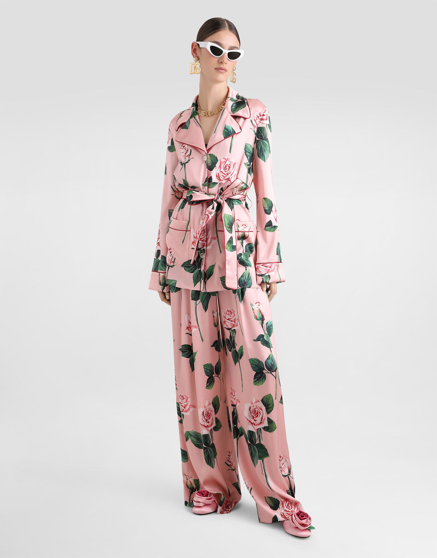 Pyžamo Dolce & Gabbana Dolce & Gabbana Rose-Print Satin Pajama Shirt Ružová | F5T44TFSA7DHF5IZ, 1