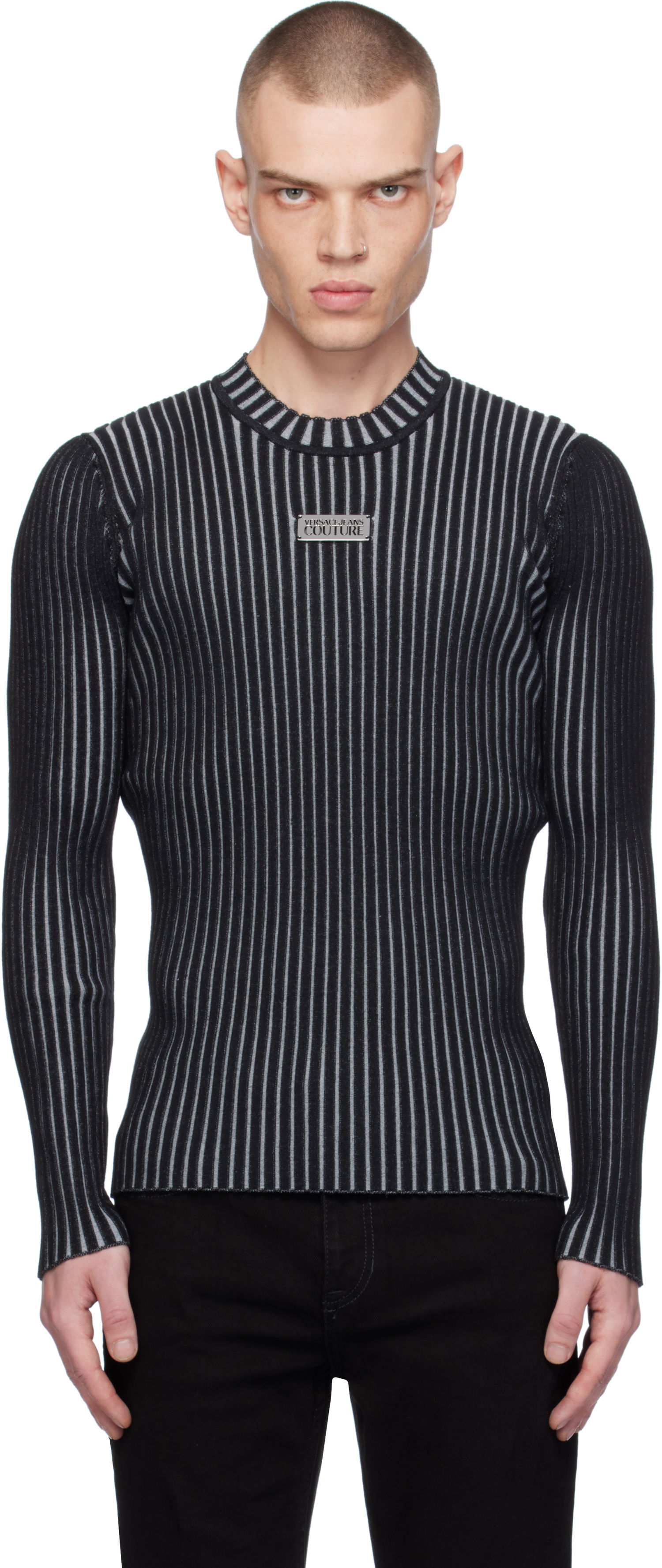 Sveter Versace Slim-Fit Ribbed Logo Sweater Čierna | E77GAFM04_ECMN67, 0