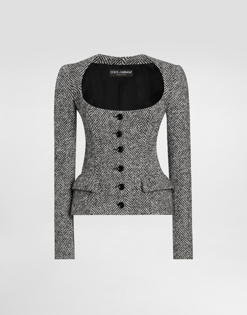 Bunda Dolce & Gabbana Dolce & Gabbana Women's Single-Breasted Chevron Wool Jacket Šedá | F27GBTFC2FUS8030