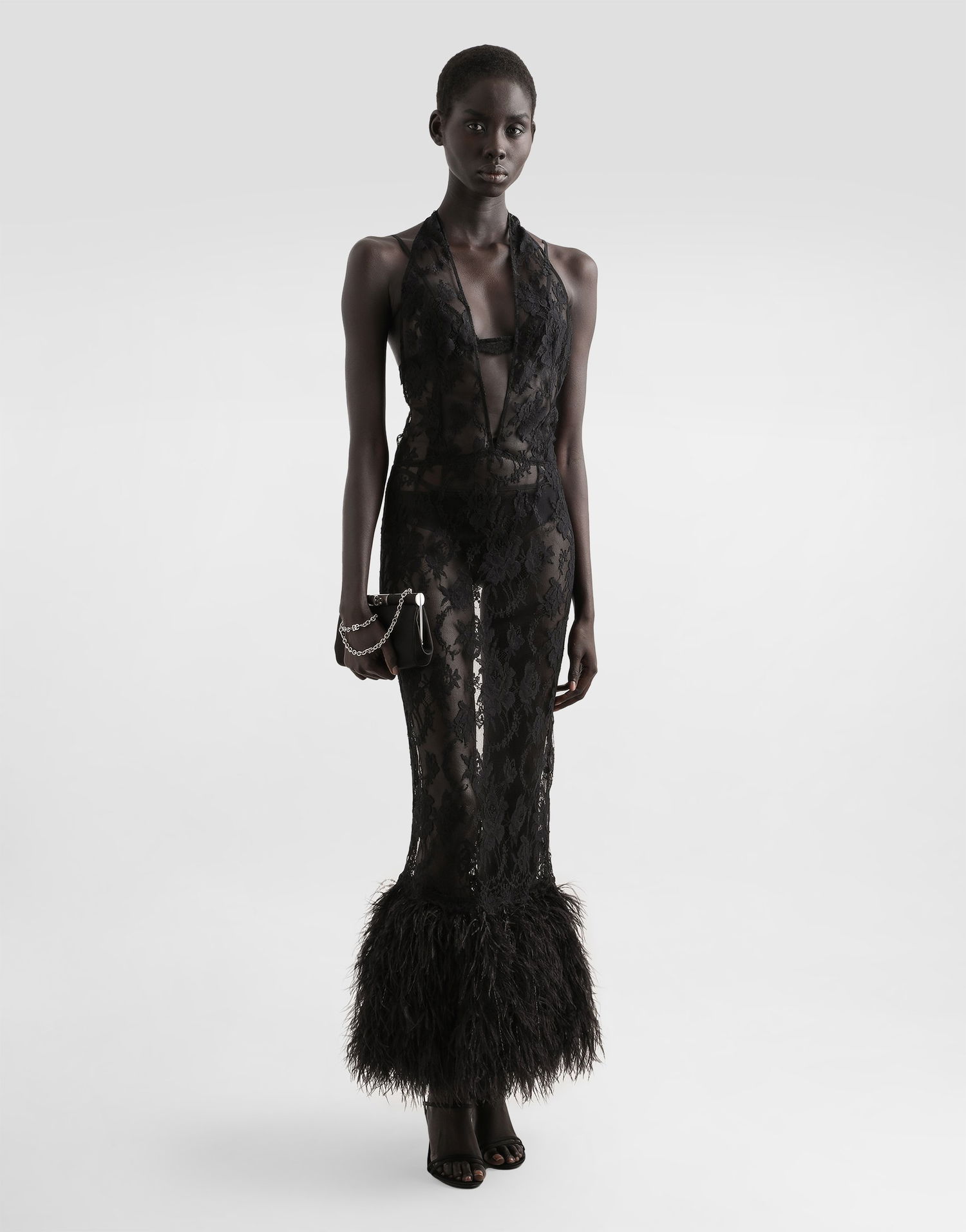 Šaty Dolce & Gabbana Dolce & Gabbana Chantilly Lace Halter Dress with Feather Trim Čierna | F60DFZHLMQJN0000, 1