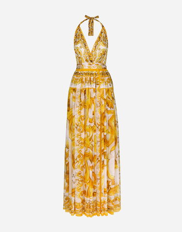 Šaty Dolce & Gabbana Long Sleeveless Silk Chiffon Dress With Print Žltá | F6ALPTHI1BXHG3TN, 0