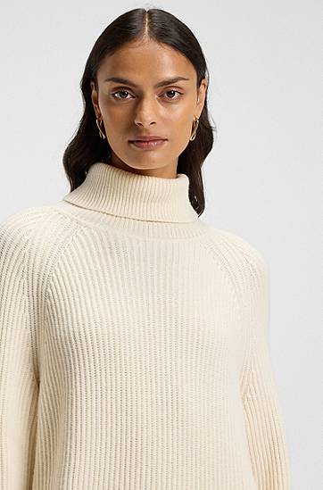 Šaty BOSS Ribbed Rollneck Sweater Dress in Virgin Wool and Cashmere Biela | 50548795, 1