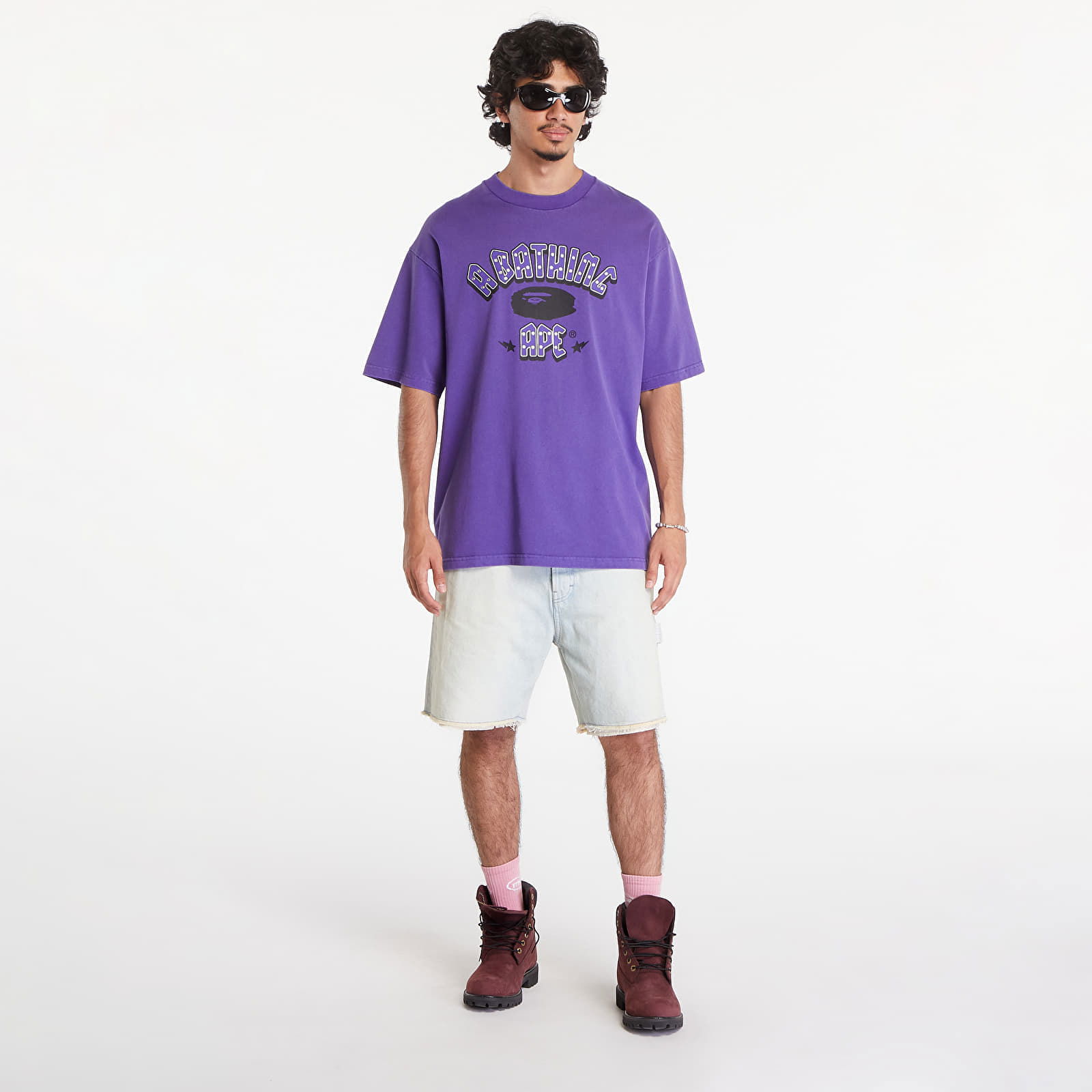 A BATHING APE Garment Dye Rhinestone Logo Relaxed Fit Short Sleeve Tee Purple