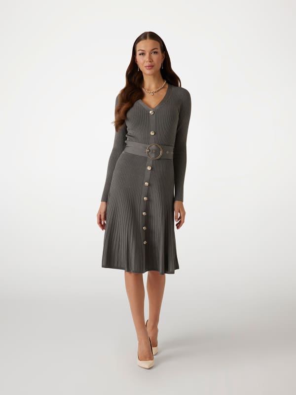 Ribbed Midi Sweater Dress With Belt