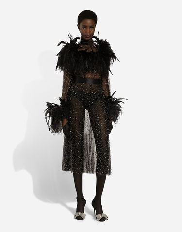 Šaty Dolce & Gabbana Calf-length Tulle Dress With Rhinestones And Feather Embellishment Čierna | F6JNQTFLSK6S0998, 2