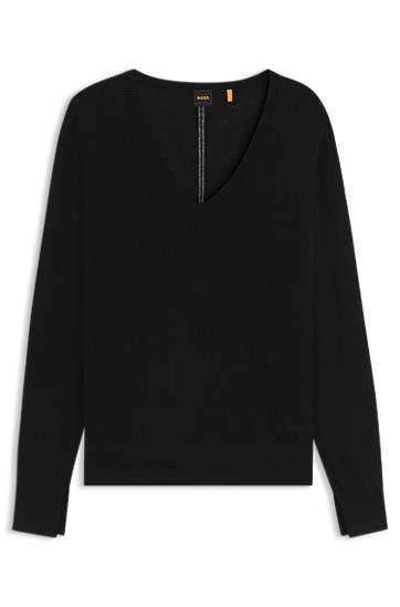 Sveter BOSS V-Neck Sweater with Openwork Detail Čierna | 50543956, 0