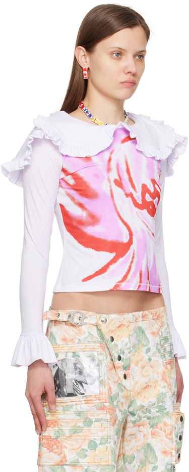 Crop Top Chopova Lowena Chopova Lowena Ruffle Collar Long Sleeve Graphic T-Shirt Biela | W6329, 1
