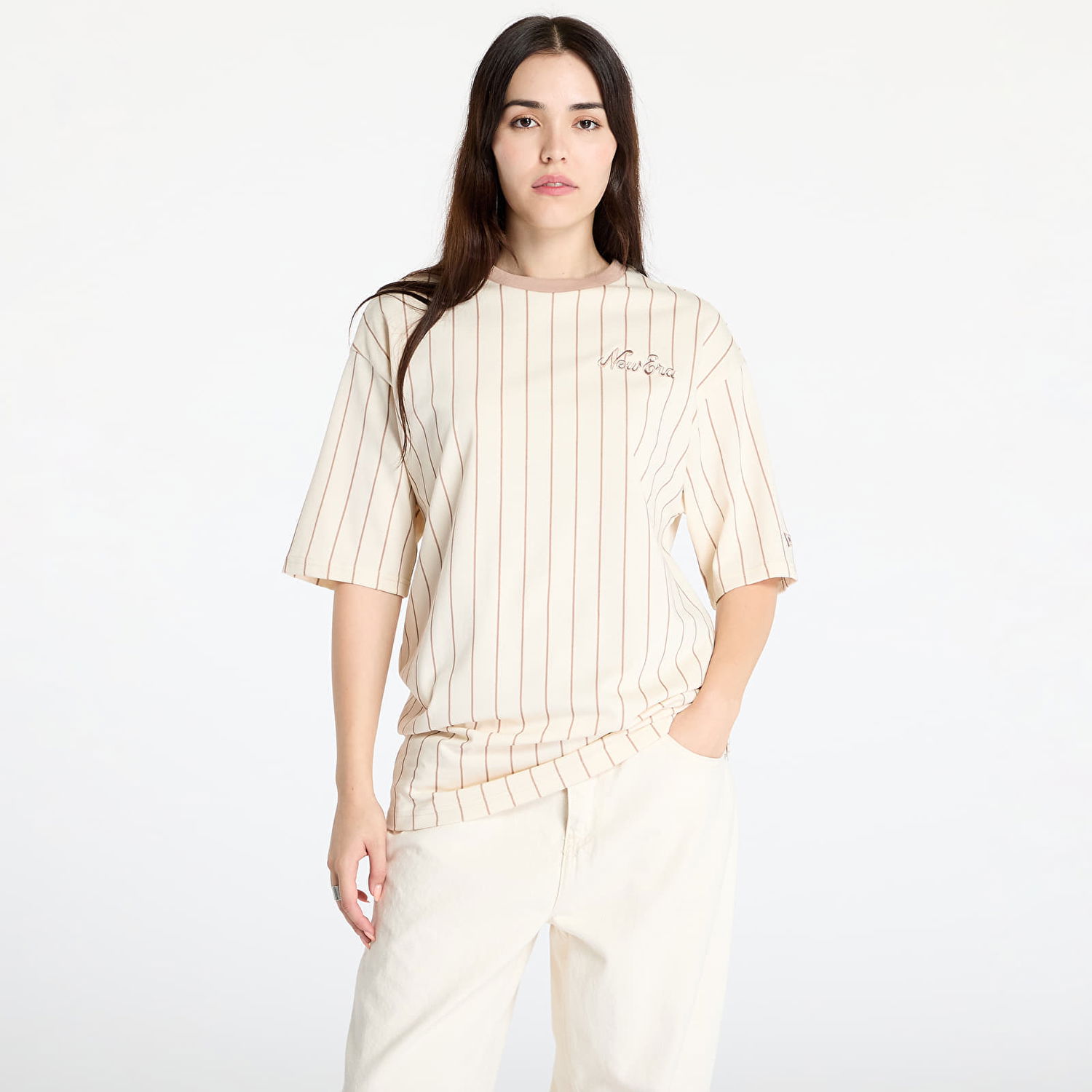 Tričko New Era Pinstripe Oversized Tee UNISEX Light Cream Béžová | 60564847, 1