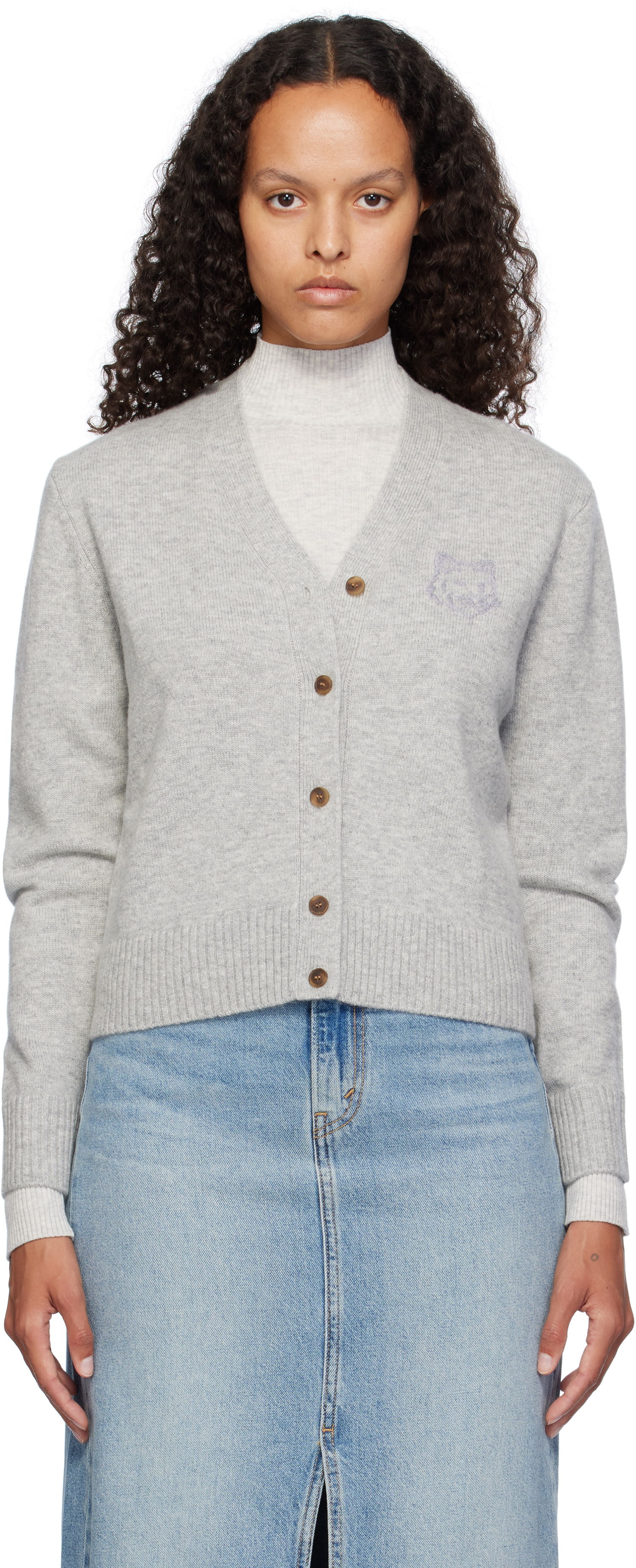 Sveter MAISON KITSUNÉ Embroidered Cropped Cardigan Šedá | NW00510KT1112, 0