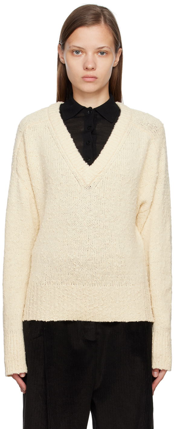 Sveter TOTEME Textured Knit V-Neck Sweater Biela | 224-5106-324, 0