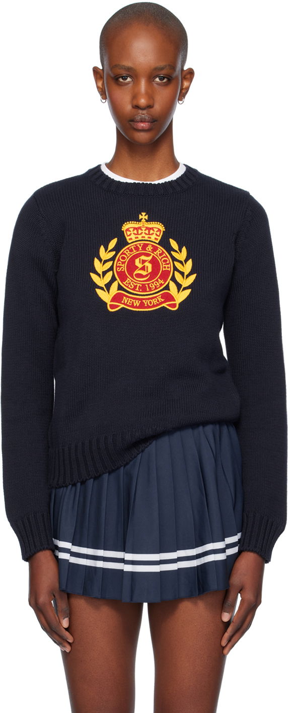 Sveter Sporty & Rich Crest Knitted Crewneck Sweater Navy | WS065516243BL32, 0