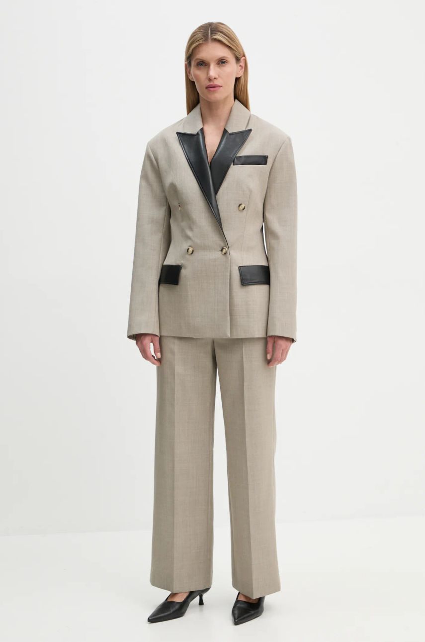 Bunda Nanushka Double Breasted Blazer with Faux Leather Trim Béžová | NW24FWJK36770, 1