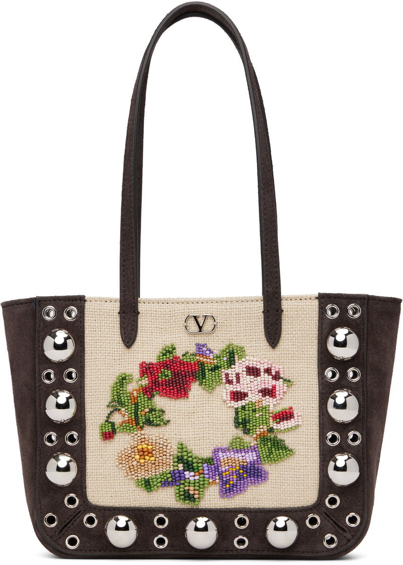 Tote bag Valentino Mini Nellcôte Beaded Floral Studded Woven Tote Hnedá | 7W2B0R89YDT